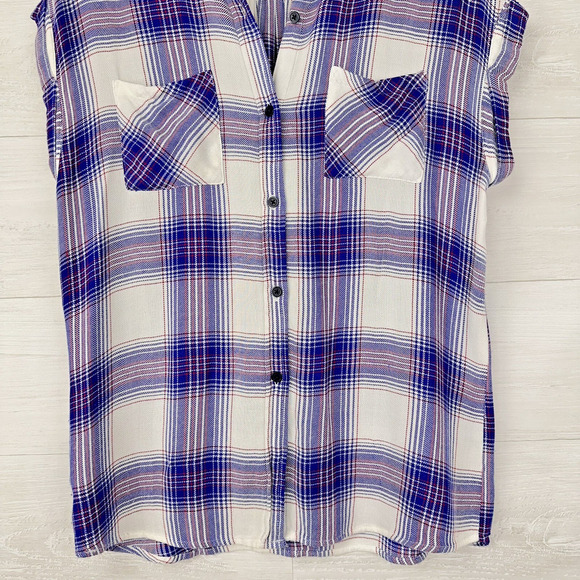 Rails Britt Plaid Button Up Shirt Women XS Cap Short Sleeve Blue White Western - Picture 5 of 13